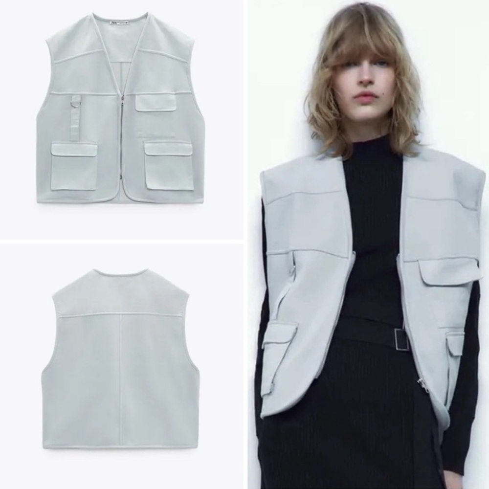 Zara Multi Pocket Gray Oversized Utility Vest Gray/Light Blue Size XS/S NEW